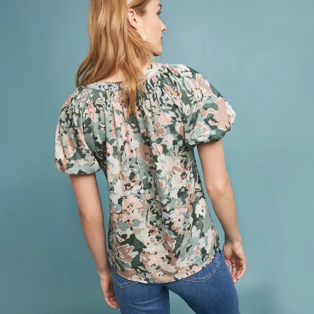 Anthropologie Maeve Linen Puff Sleeved Top in Green Floral - XL - Picture 3 of 11
